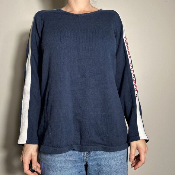 Vintage y2k Tommy Hilfiger Blue Logo Sweater Fits Size XL - Picture 1 of 6